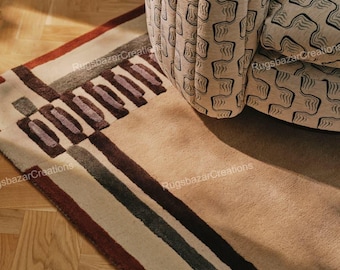 Hand Tufted Wool Area Rug: Beige Geometric Chapman Design, Modern Classic Beige Border Handmade 4x6 5x7 6x9 ft rugs for living room, Bedroom