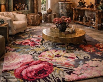 Alfombra de lana floral, hecha a mano, estilo vintage botánico, para sala de estar y dormitorio, con estampado artístico de rosas, 5x7, 6x9