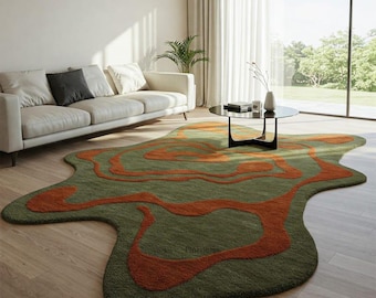 Handmade Green and Orange Wool Abstract Rug: Modern Wavy Design