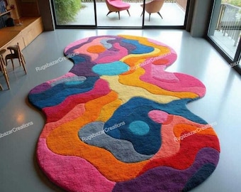 Irregular shape colourful rugs – Modern abstract rug,  Contemporary Living Room & Bedroom Statement rug. 5x8 6x9 9x12 feet Carpet