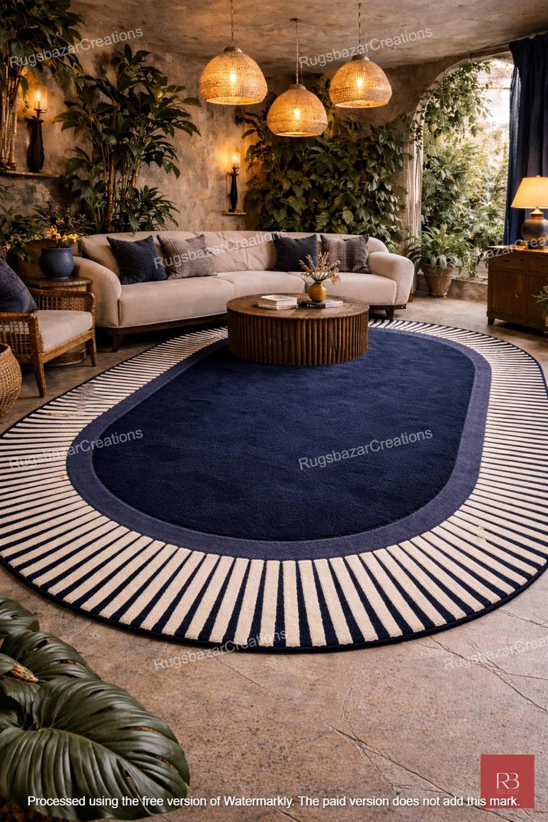 May include: An oval navy blue rug with a striped border. The rug features a dark blue center, a lighter blue border, and a cream and navy striped edge. The rug is in a living room setting.