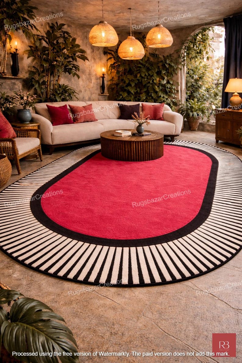 May include: Oval red rug with a black border and a white and black striped design. The rug is in a living room setting with a cream-colored sofa, a wooden coffee table, and hanging pendant lights.