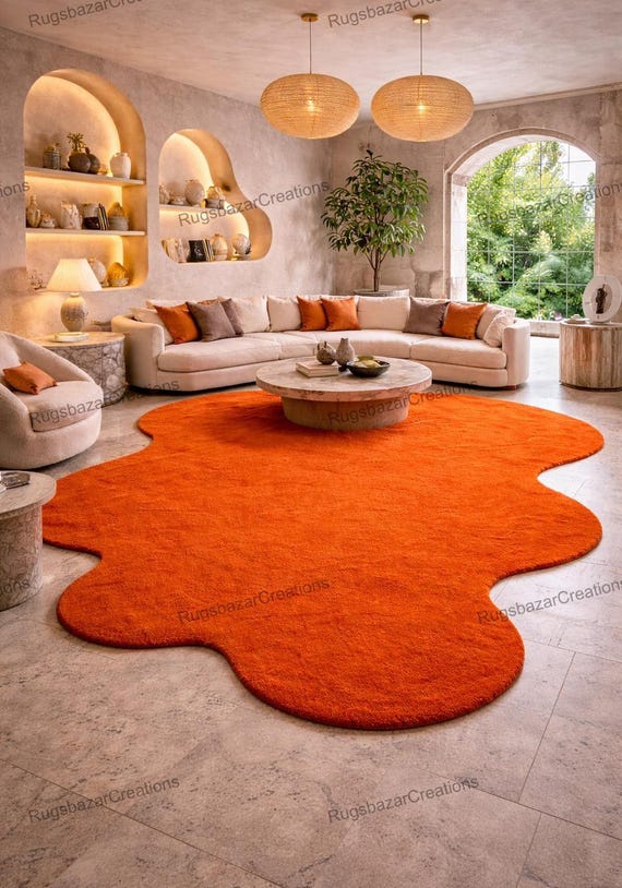 Hand Tufted Organic Shape Orange Area Rug – Modern Retro Plush Statement Carpet for Living Room, Bedroom & Designer Interiors 5x7 6x9 9x12..