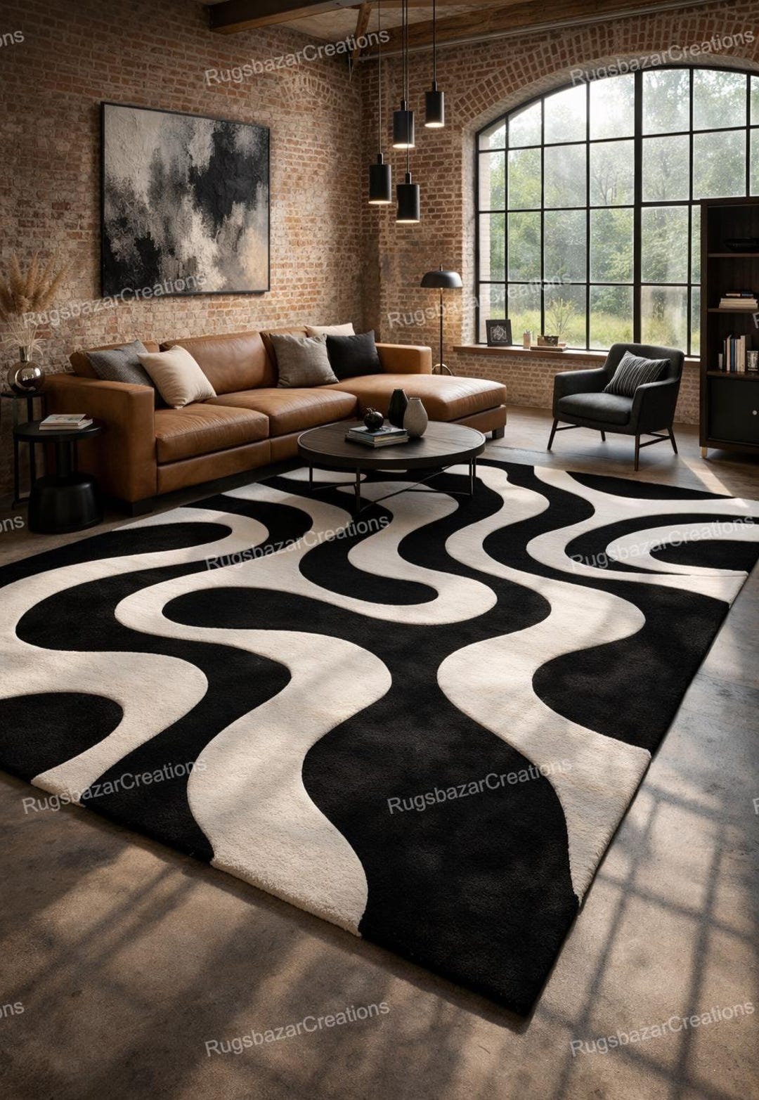 Black and White Hand Tufted Wavy Area Rug, Modern Abstract Carpet for ...