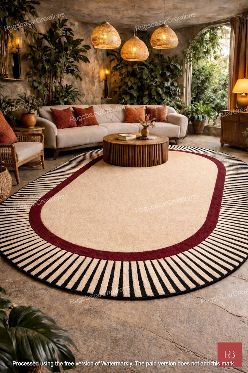 May include: Oval beige rug with a burgundy border and a black and white striped edge. The rug is in a living room setting with a beige sofa, wooden coffee table, and hanging woven lamps. The text "Rugsbazar Creations" is visible.