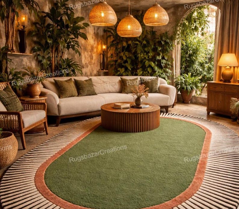 May include: An oval green rug with a rust-colored border and a striped outer edge. The rug is in a living room setting with a beige sofa, wooden coffee table, and woven pendant lights. The room has a natural, earthy aesthetic.