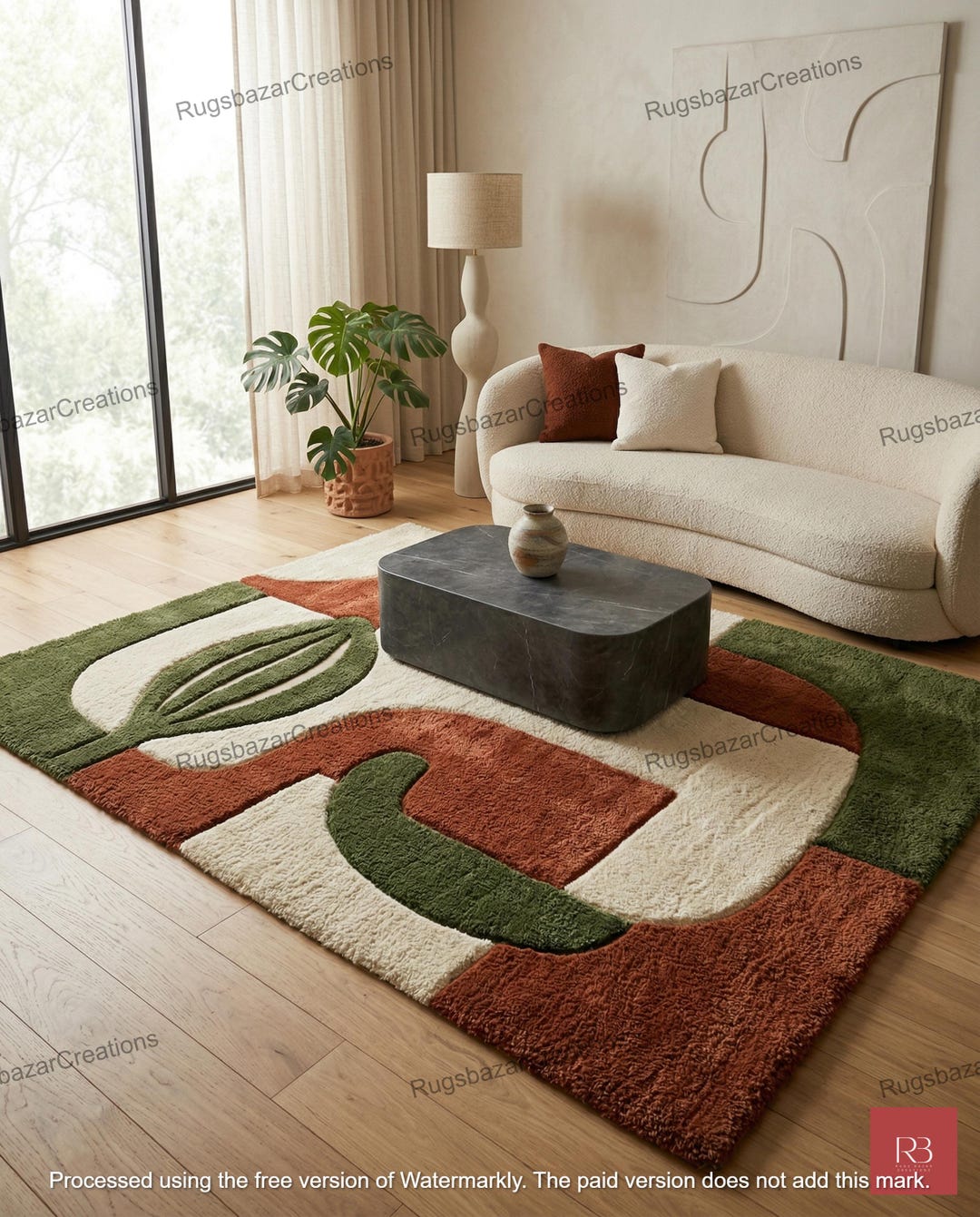 Mid Century Modern Hand Tufted Rug Olive Green Terracotta Abstract Wavy ...