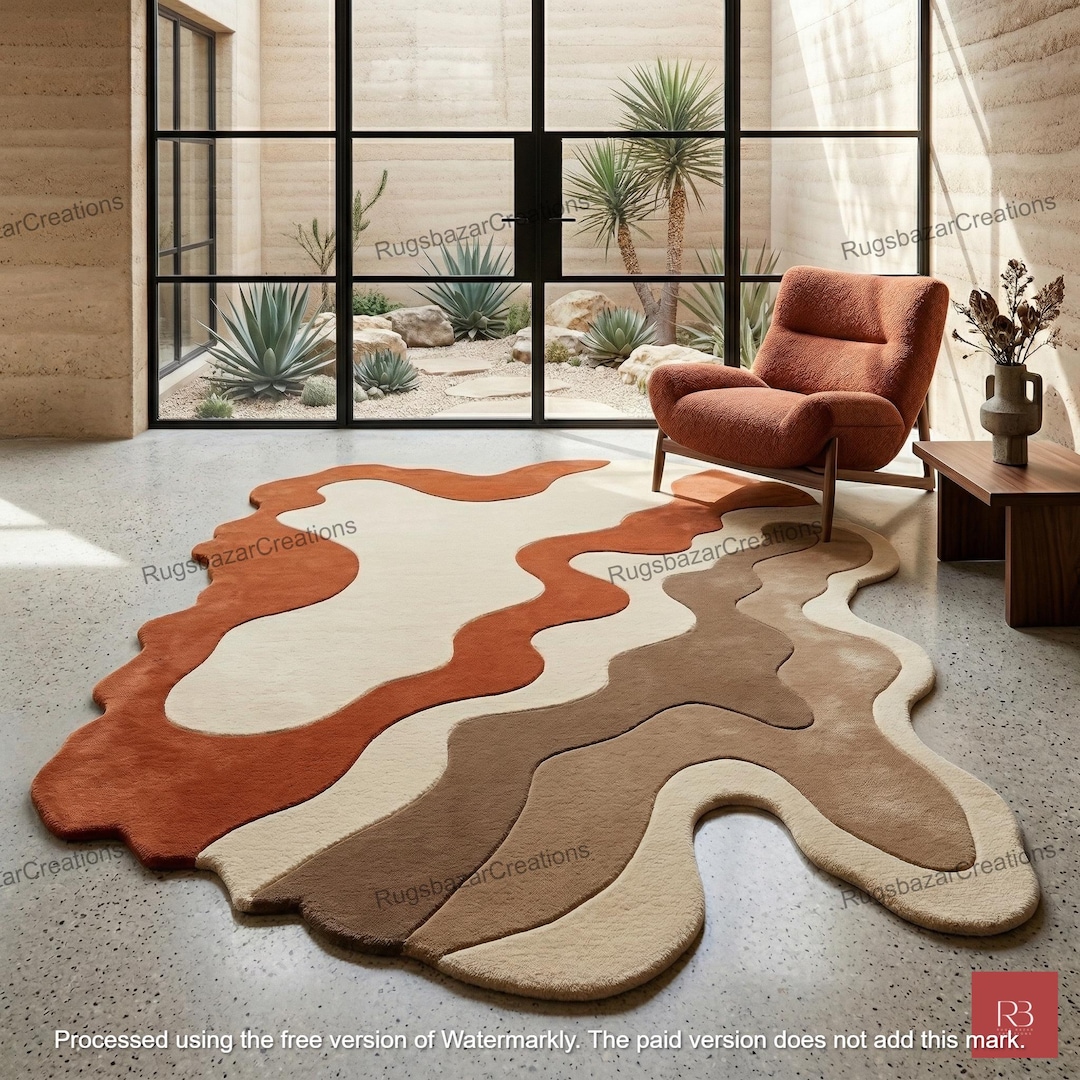 Irregular Shape Mid Century Modern Hand Tufted Rug, Abstract Beige ...