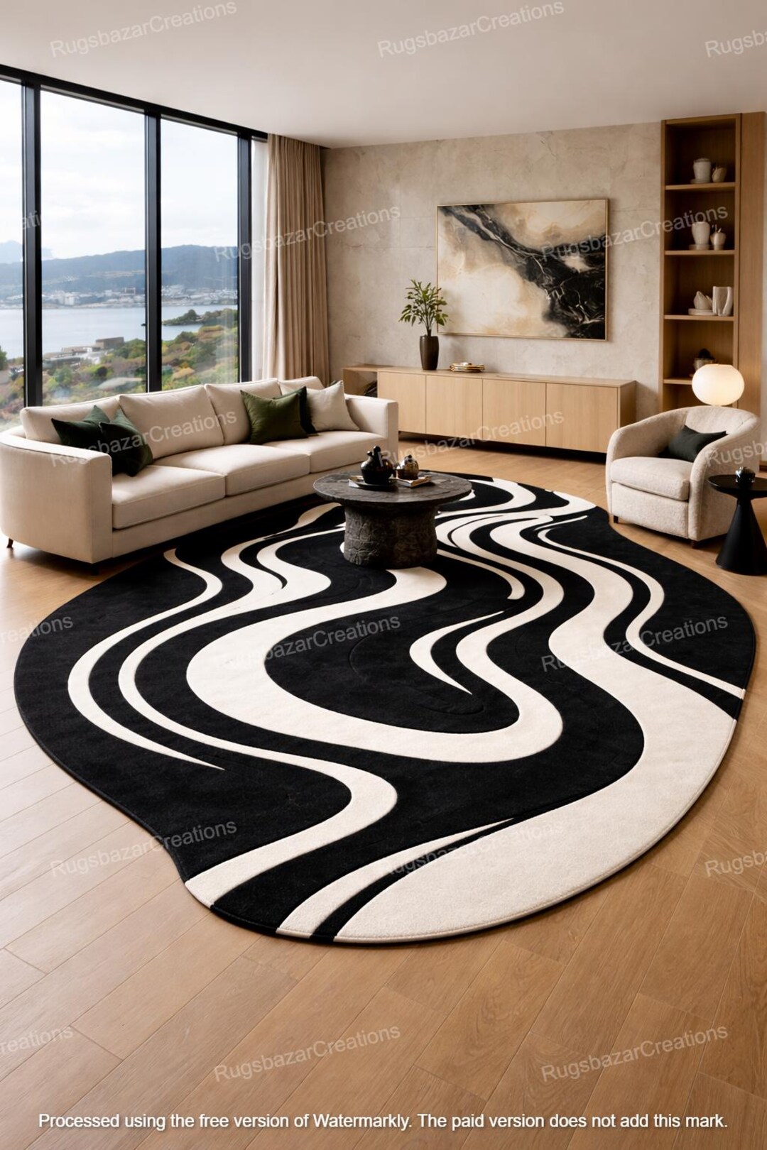 Wavy Abstract Rug – Black & White Modern Irregular Shape Area Rug for ...