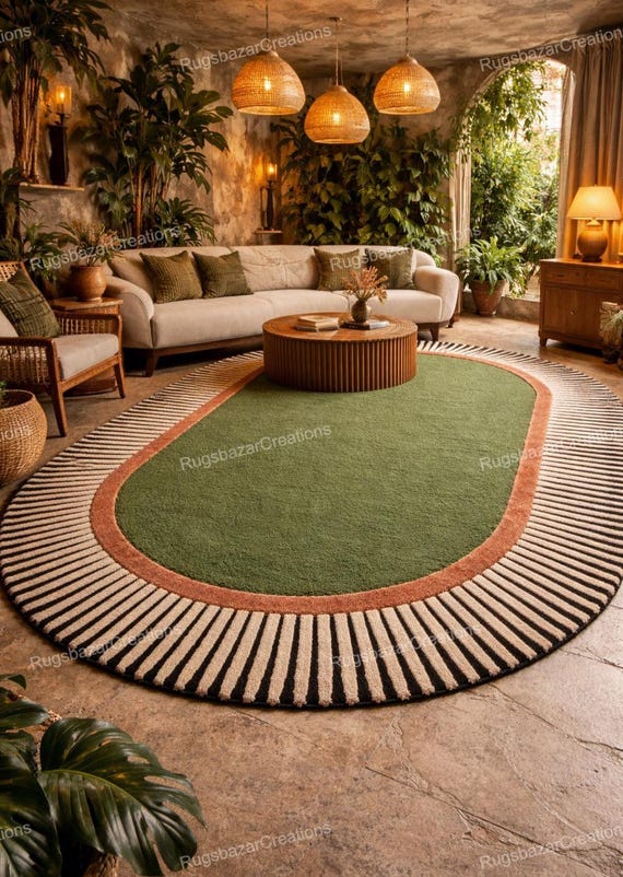Hand Tufted Oval Green Area Rug with Striped Border, Modern Organic Shape Funky Carpet for Living Room Bedroom Luxury Decor 5x7 6x9 8x10 ft.