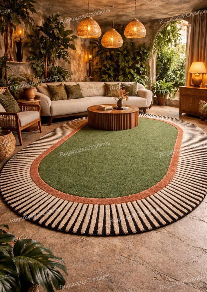Hand Tufted Oval Green Area Rug with Striped Border, Modern Irregular Shape Minimalist Carpet for Living Room & Bedroom Luxury Decor 8x10ft Green