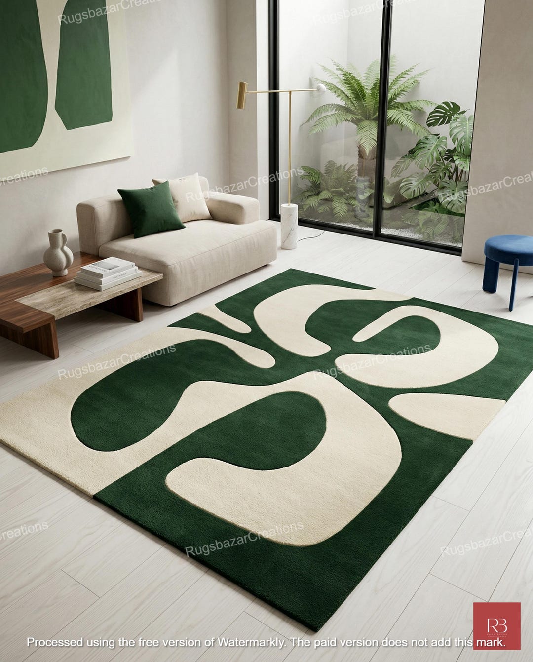 Hand Tufted Green Cream Abstract Rug, Modern Geometric Large Area Rug ...