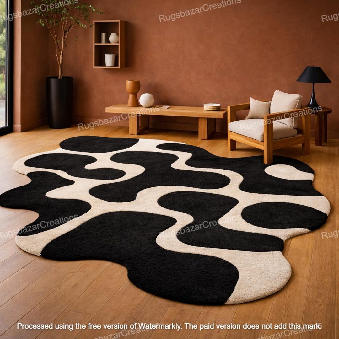 Hand Tufted Black White Wavy Abstract Rug, Modern Irregular Shape Area ...
