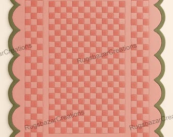 Pink Checkered Scalloped Rug – Pastel Aesthetic Wavy Border Rugs, Cute Retro Checkerboard Area Rug, Soft Tufted Bedroom & Living Room Decor