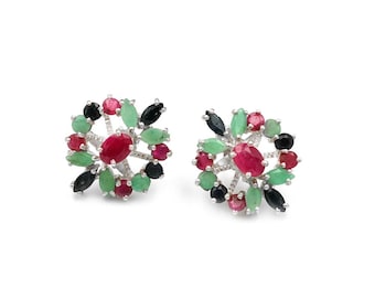 Ruby, Emerald & Sapphire Sterling Silver Stud Earrings