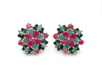 Natural Ruby, Emerald, sapphire Sterling Silver Floral Earrings:Push Back Studs