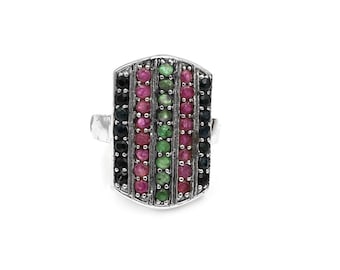 Anillo de plata con esmeralda natural, rubí y zafiro azul, anillo multipiedra de corte redondo.
