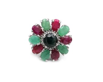 天然エメラルド、ルビー、ブルーサファイアのシルバーリング、ラウンド、オーバルカットのマルチストーンリング