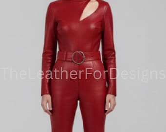 Red Leather Catsuit: Women's Cutout Bodysuit - Biker Style