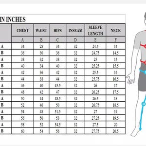 May include: A size chart in inches for men's clothing, including chest, waist, hips, inseam, sleeve length, and neck measurements. A diagram of a male figure illustrates where to measure. Sizes range from small to 4X-large.