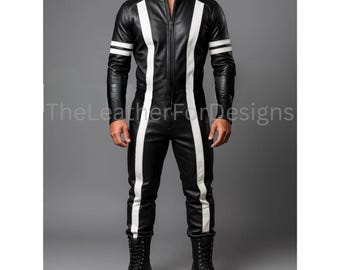 Tuta da uomo in pelle nera con strisce bianche / Tuta intera da motociclista