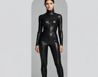 Black Real Leather Catsuit: Slim Fit, High Neck, Long Sleeve