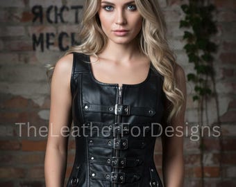Black Leather Buckle Corset Vest | Gothic Steampunk Top | Handmade Festival & Cosplay Outfit