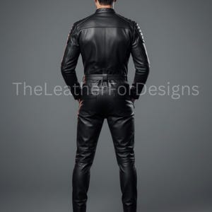 May include: A black leather jacket and pants set. The jacket has a stand-up collar and quilted shoulder details. The pants are fitted with knee paneling. The outfit is shown from the back, with the text "TheLeatherforDesigns" visible.