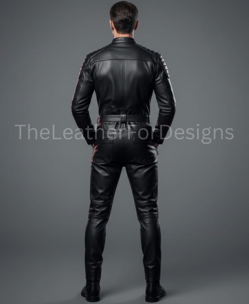 May include: A black leather jacket and pants set. The jacket has a stand-up collar and quilted shoulder details. The pants are fitted with knee paneling. The outfit is shown from the back, with the text "TheLeatherforDesigns" visible.