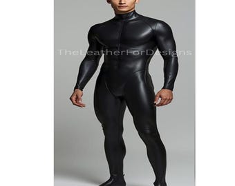 ブラウンレザーキャットスーツ：レディーススリムフィットボディスーツ