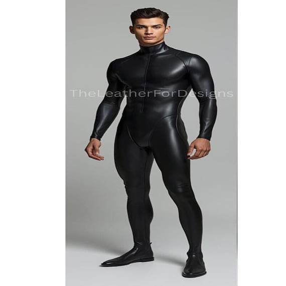 Men's Black Leather Catsuit: Handmade Full Body Slim Fit Jumpsuit