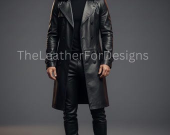 Men's Black Genuine Leather Trench Coat & Pant Set – Handmade Gothic Outfit