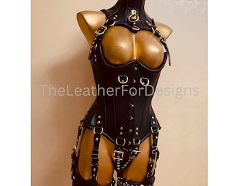 Real Leather Overbust Corset Set | Steel Boned Bustier with Neck & Thigh Belts