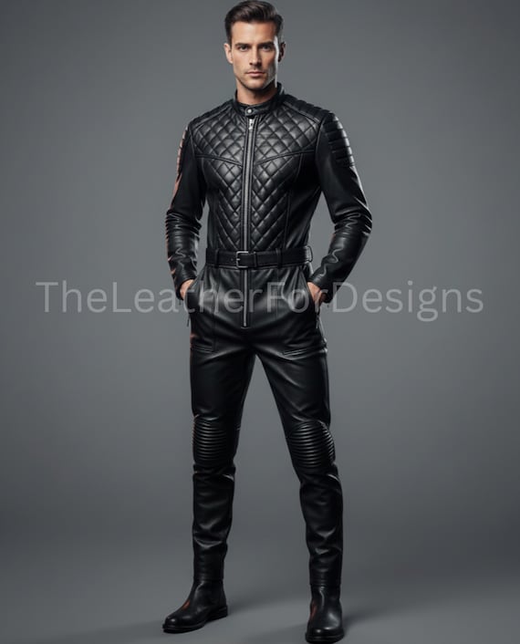 Men’s Handmade Black Quilted Leather Jumpsuit – Moto Biker Outfit