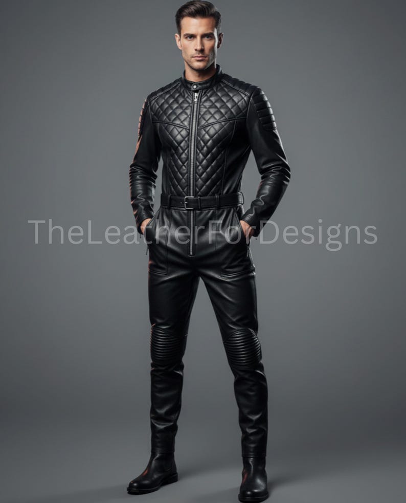 May include: Black leather jumpsuit with a quilted pattern on the chest and upper arms. The jumpsuit features a front zipper, a belt at the waist, and ribbed detailing on the knees. The text "TheLeatherForDesigns" is visible.