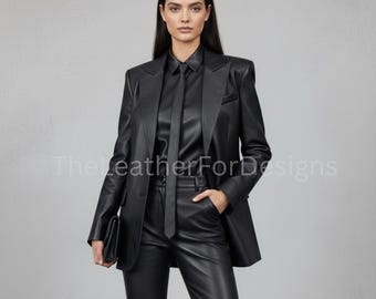 Women's Black Genuine Leather Suit Set – Tailored Blazer, Shirt & Pants | Elegant Formal Leather Outfit