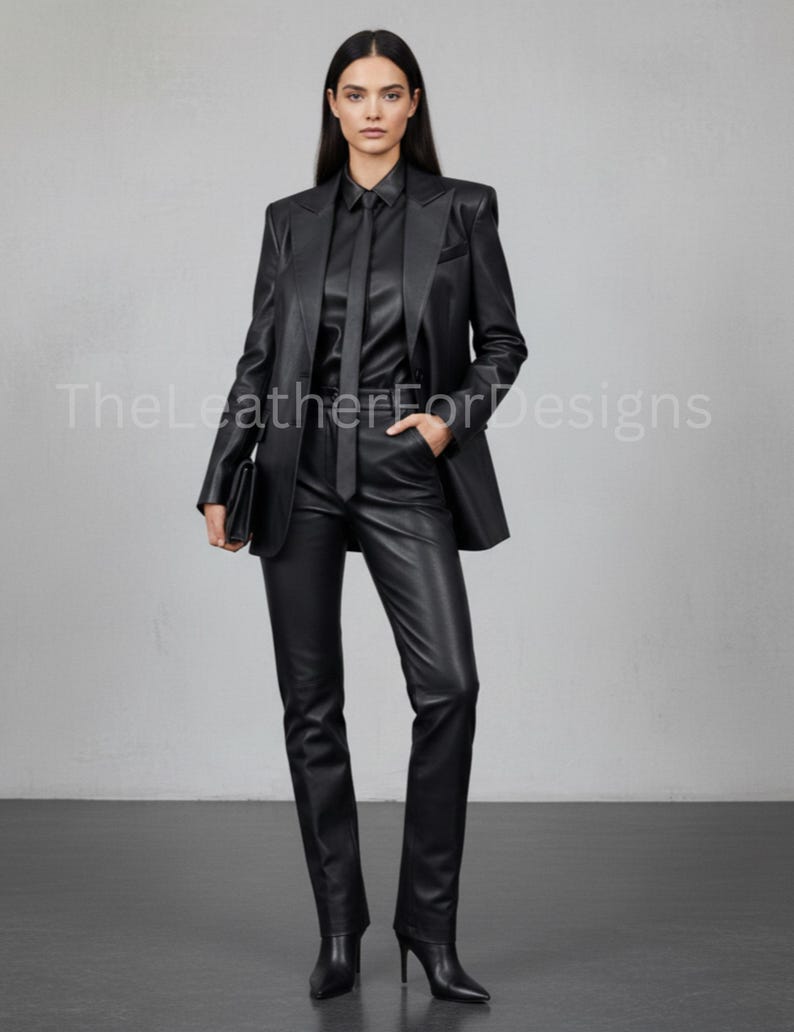 May include: A black leather suit, including a blazer, dress shirt, tie, and pants. The suit is worn with black pointed-toe heels and a clutch. The text "TheLeatherForDesigns" is visible on the image.