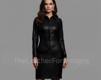 May include: A black leather dress with long sleeves and a collared neckline. The dress has a button-up front and a fitted silhouette. The text "TheLeatherForDesigns" is visible at the bottom of the dress.