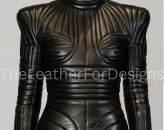 Futuristic Black Leather Mini Dress – Sculpted Body con Design, Handmade Designer Women’s Outfit
