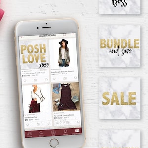 Könnte beinhalten: Ein Smartphone zeigt eine Social-Media-App mit dem Text "Posh Love xoxo" und Bildern von Kleidungsstücken. Vier quadratische Bilder mit Marmorhintergründen und goldfarbenem Glitzertext sind zu sehen: "Posh Boss", "Bundle and Save", "Sale" und "On Vacation, be back soon!"