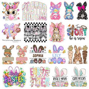 May include: A collection of colorful Easter-themed designs featuring bunnies, eggs, and floral accents. The designs include text such as "Easter", "Happy Easter", and names like "Sophia", "Lily", "Raelynn", and "Greyson". The images are suitable for various crafts.