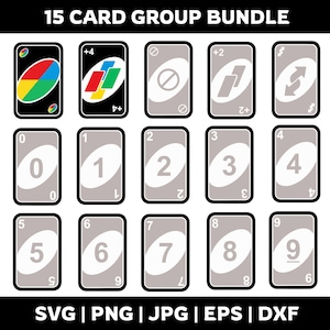 May include: A group of 15 Uno cards, including special action cards and numbered cards. The cards feature a black border and a light gray background. The special cards have colorful designs, while the numbered cards display digits from 0 to 9.