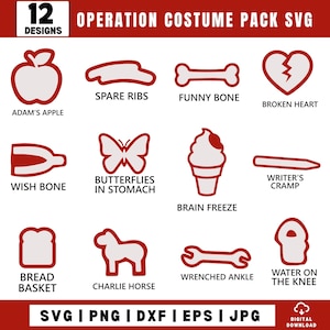 May include: A digital graphic set titled OPERATION COSTUME PACK SVG featuring 12 red-outlined white icons with text labels: Adam's Apple, Spare Ribs, Funny Bone, Broken Heart, Wish Bone, Butterflies in Stomach, Brain Freeze, Writer's Cramp, Bread Basket, Charlie Horse, Wrenched Ankle, and Water on the Knee.