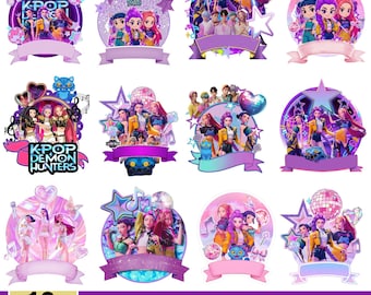 Kpop Demon Hunters Cake Topper Bundle | 12+ Editable K-Pop Huntrix & Demon Hunter Birthday Cupcake Toppers | Printable PNG Party Decorations