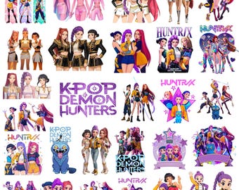 Más de 100 imágenes PNG y SVG de Huntrix Kpop Demon Hunters, diseño de camiseta de grupo de ídolos Kpop, imágenes PNG de cena para chicas, imágenes PNG de bandas de chicos y chicas Saja, fans de Huntrix, descarga digital.