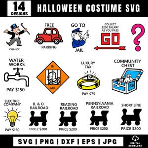 May include: A collection of 14 Halloween costume SVG designs featuring iconic board game imagery including a top-hatted character, a red car, a jail guard, a GO space, a question mark, a water faucet, a jail sign, a ring, and a chest.