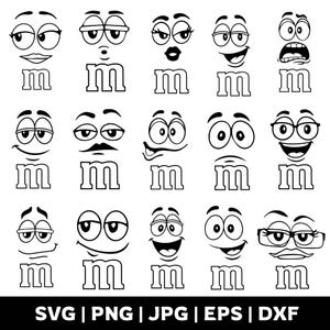 May include: Black and white cartoon illustrations of various facial expressions above the letter "m". The expressions include smiling, surprised, and winking faces. The bottom of the image contains the text "SVG | PNG | JPG | EPS | DXF".