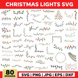 Op de afbeelding: Een verzameling van 80 kerstlichtontwerpen in verschillende stijlen. De lichten zijn in meerdere kleuren, waaronder rood, groen, blauw en geel. De afbeelding bevat de tekst "CHRISTMAS LIGHTS SVG" en bestandstype-opties.