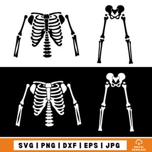 May include: A digital graphic set featuring black and white skeleton components, including rib cages, spinal segments, pelvic bones, and arm and leg bones, presented in two color variations for versatile use in various design projects.