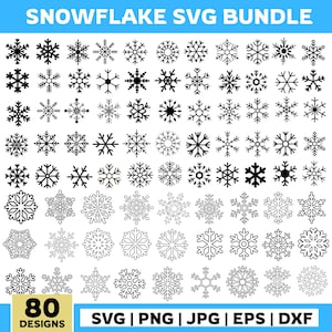 May include: A collection of 80 snowflake designs in black and white. The image includes various snowflake shapes and styles, with the text "SNOWFLAKE SVG BUNDLE" at the top and file format options at the bottom.